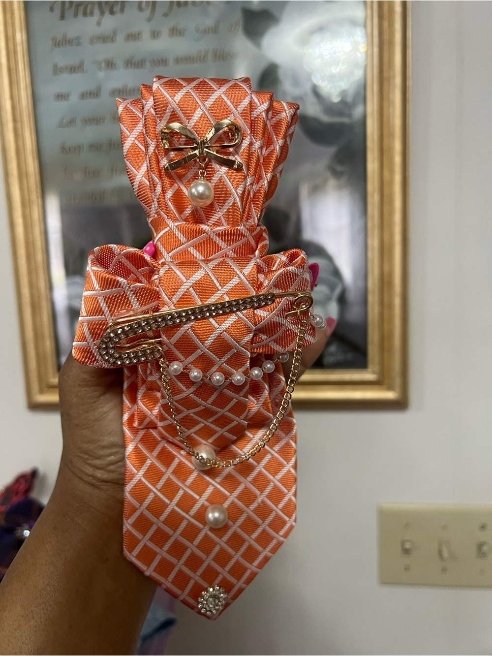 Elegant Orange Pearl-Embellished Scarf Brooch - Women Accessories